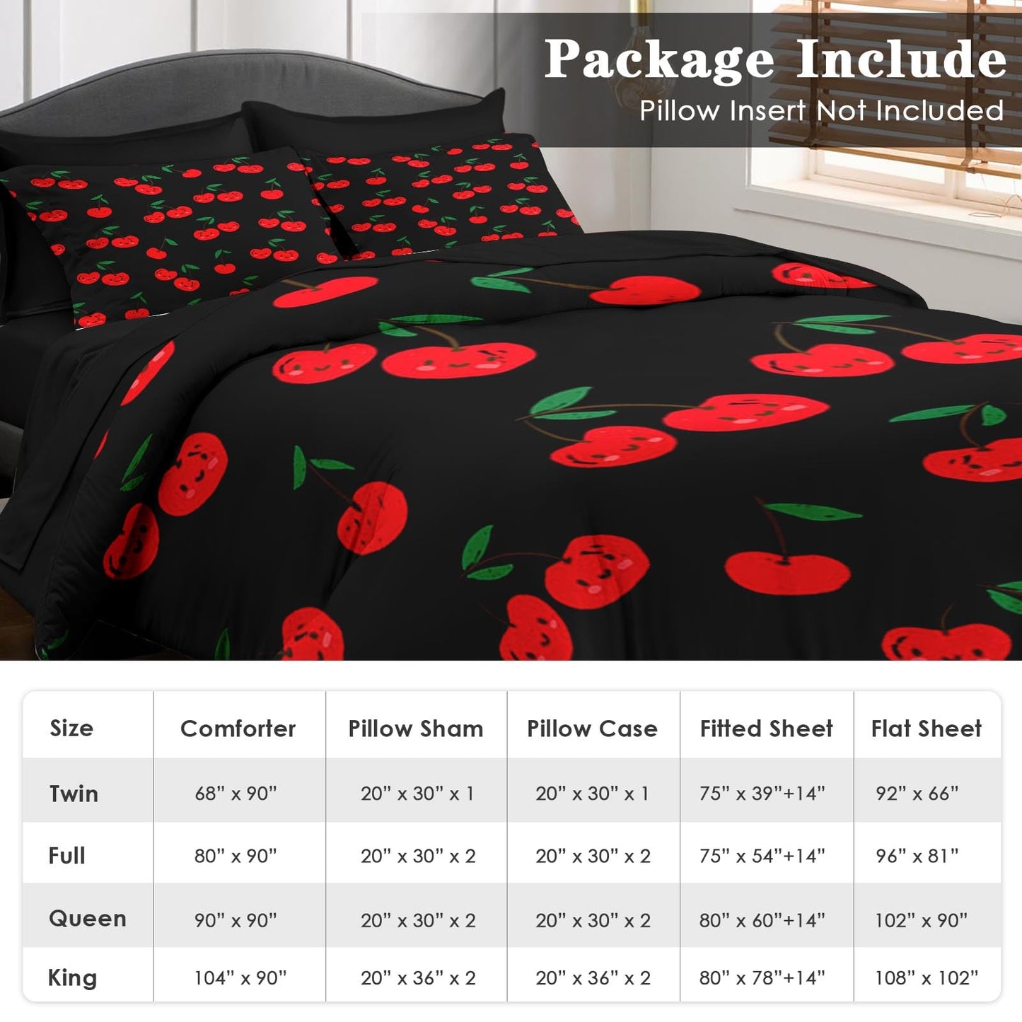 Pamnest Comforter Set King Size, Cute Cartoon Cherry 7 Pcs Bedding for Kids and Adults, Red Sweet Fruit Bed Sheet Sets with Fitted Sheet 2 Pillowcases & 2 Shams for Bedroom Bed Decor