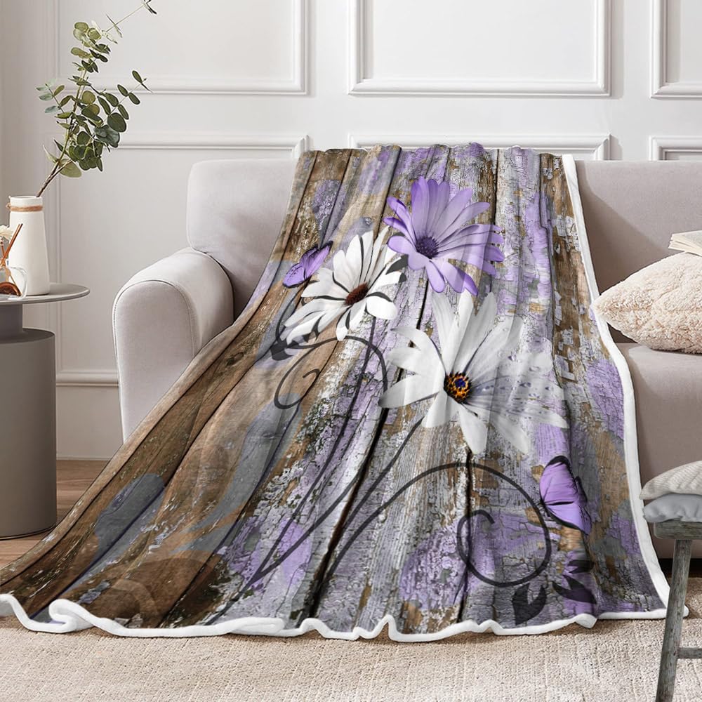 JAWO Farmhouse Flower Floral Throw Blanket, Rustic Purple Daisy Fleece Cozy Warm Bed Couch Blanket, Country Purple Brown Fleece Flannel Throws to Decorate the Room and Bedroom Warm Blanket 50X60IN