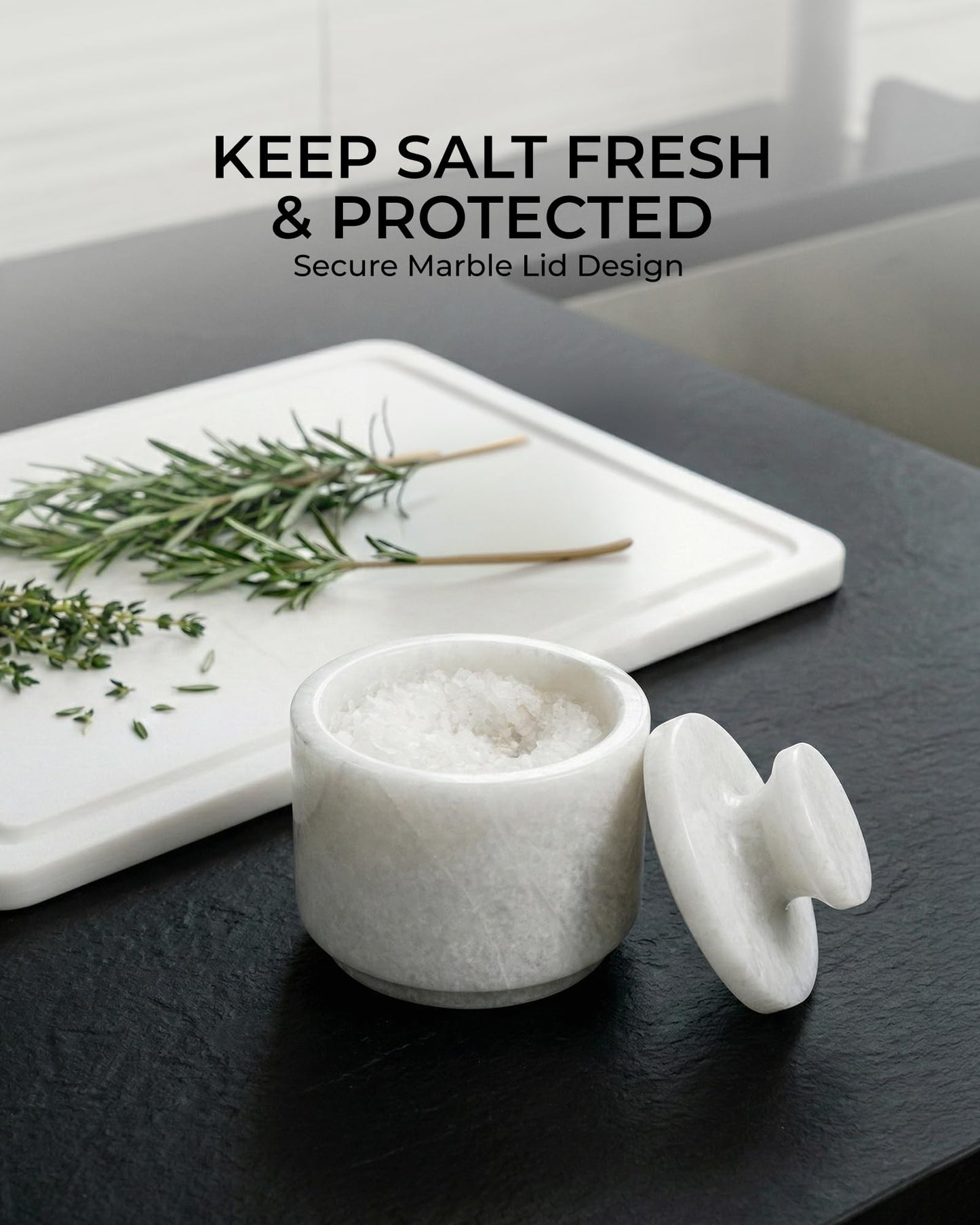UrbanFocal Natural Marble Salt Cellar With Lid - Stone Salt Container And Stone Salt Holder, Spice Jars for Counter, Candy Jar & Spice Jar, White