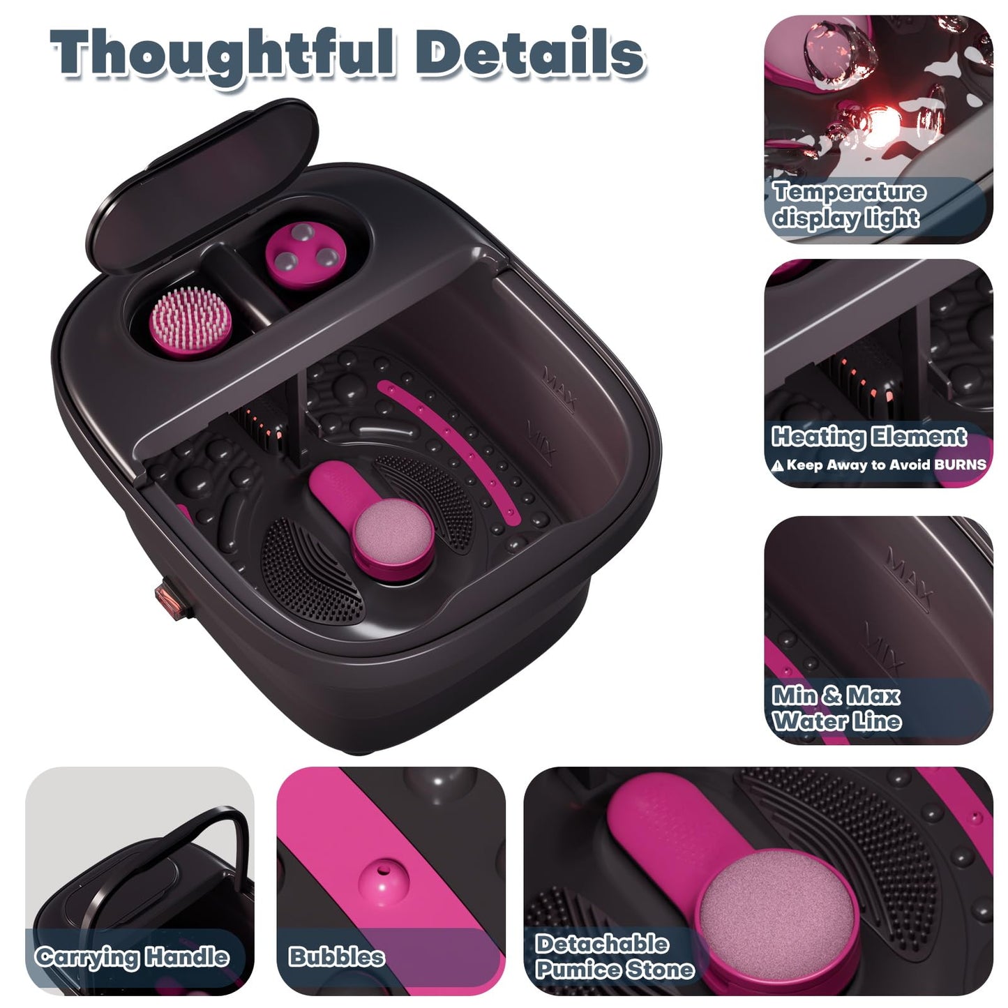 Aqvesane Collapsible Foot Bath, Foot Spa Bath Massager with Heat, Bubble, Remote Control, Temperature Control, 3 Pedicure Attachments, Feet Soaking Tub for Stress Relief