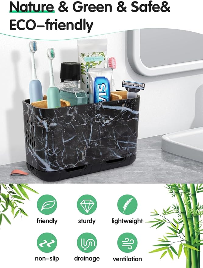 Marble Toothbrush Holders, 5 Slots Bamboo Toothbrush and Toothpaste Holder