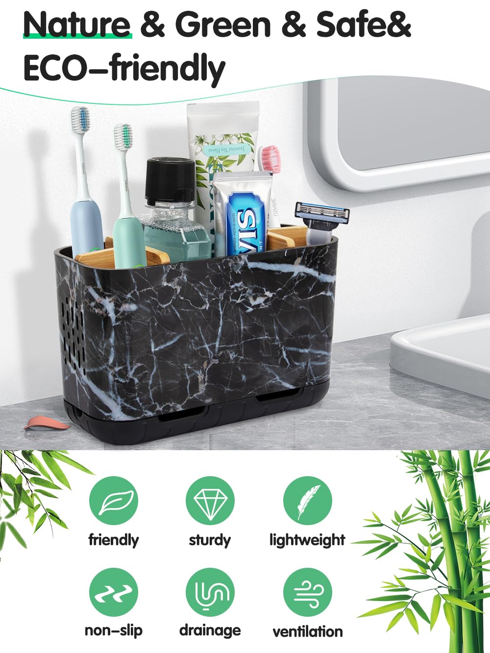 GFWARE Marble Toothbrush Holders, 5 Slots Bamboo Toothbrush and Toothpaste Holder for Bathroom Counter with Drainage, Kids Electric Toothbrush Organizer, Black Toothbrush Holders for Bathrooms
