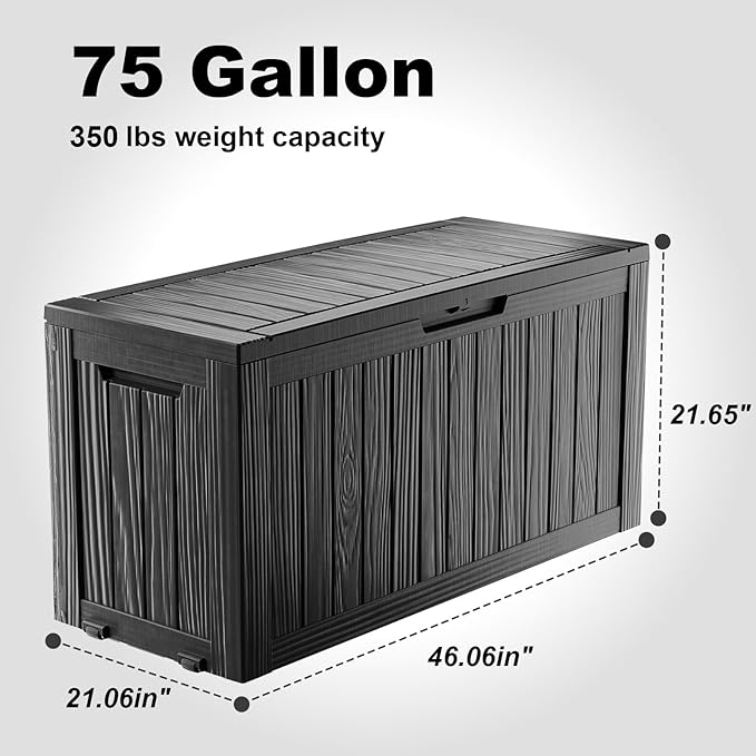 ROJIK Outdoor Storage Box with Wheels,75 Gallon Waterproof Resin Deck Box, Lockable Storage for Patio Cushions,Garden Tools,Pool Accessories,UV-Resistant Storage Bench for Backyard & Deck（Black）