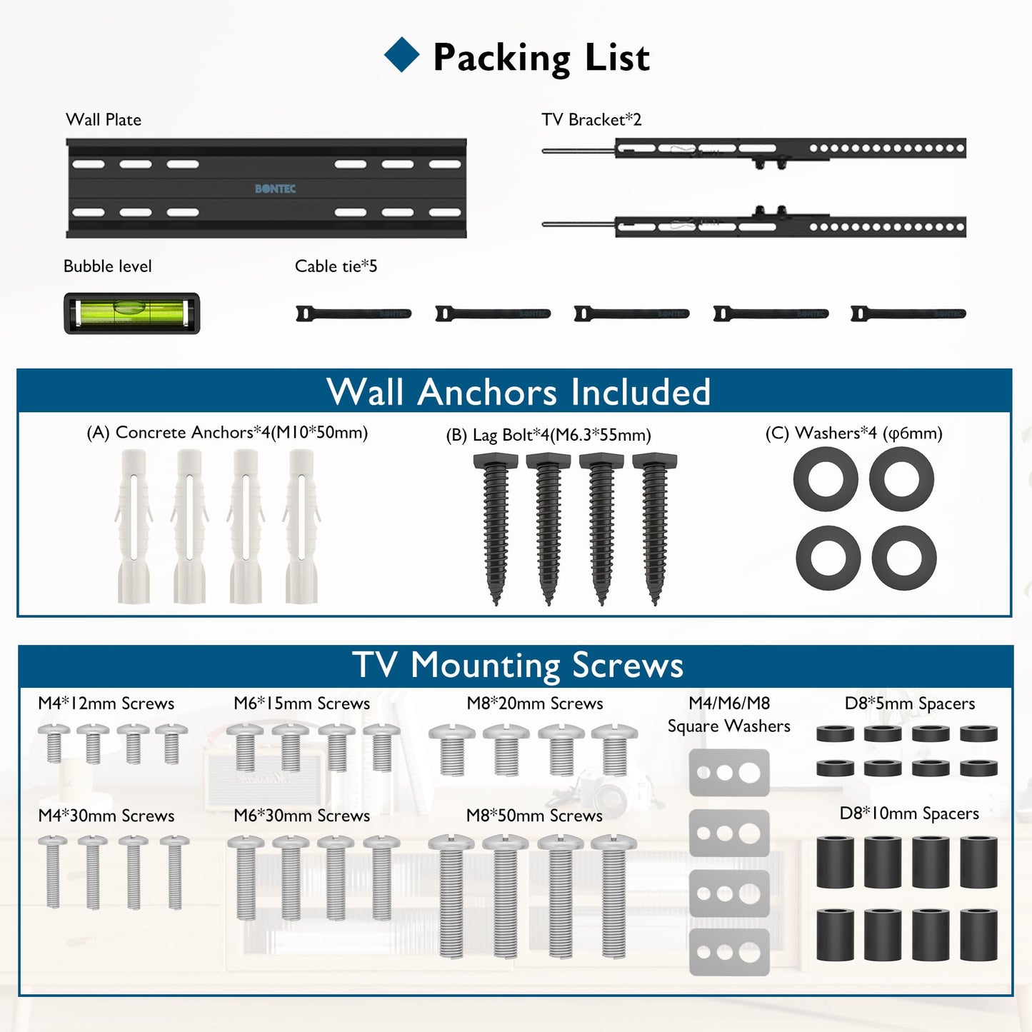 BONTEC Ultra Slim TV Wall Bracket, Tilting TV Wall Mount for 23-60 Inch Flat and Curved TVs, Low Profile Wall Mount 30mm from Wall, Max VESA 400x400mm, Holds 45kg, Includes 5 Cable Ties
