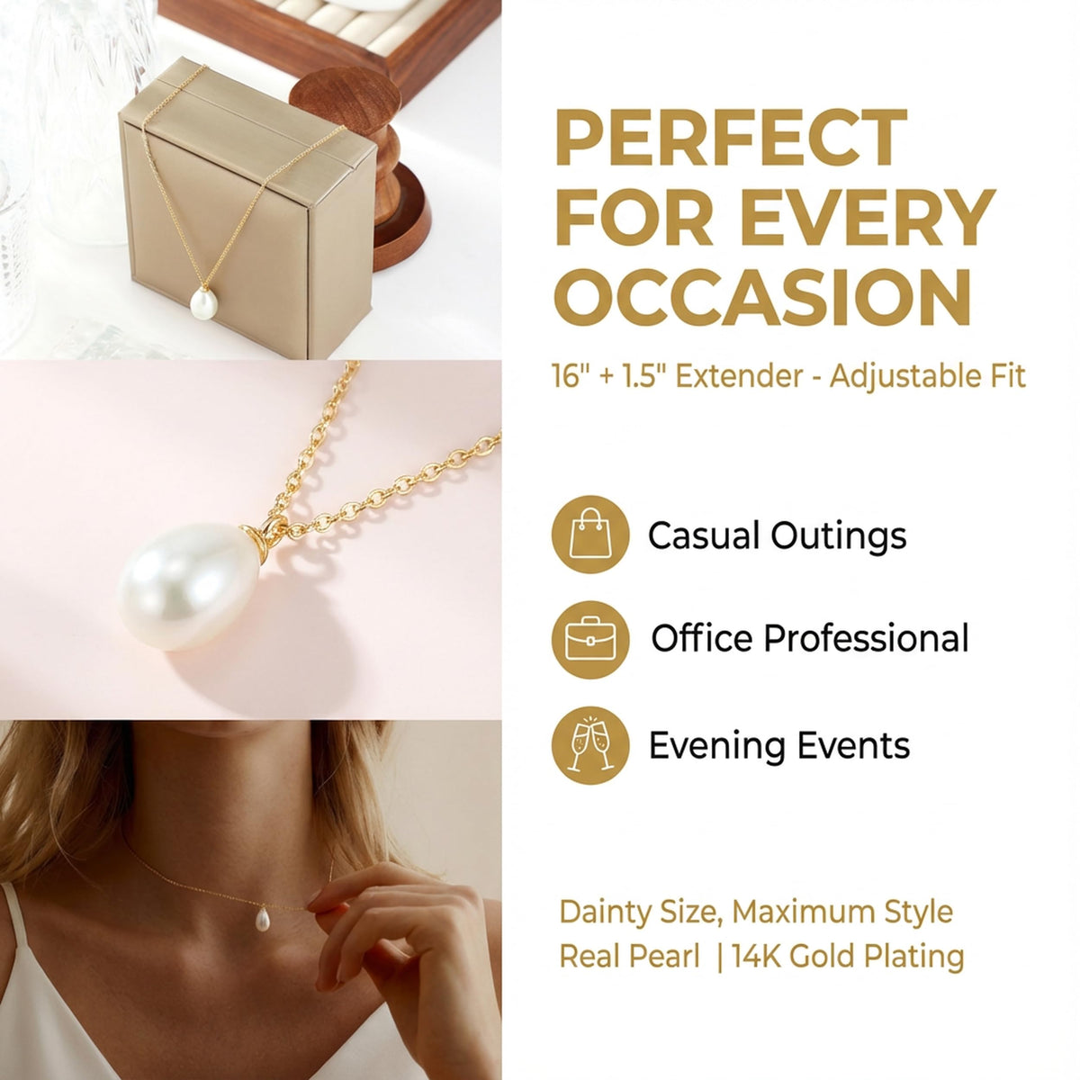 Caenyo 14K Gold Plated Dainty Pearl Necklace for Women, Handmade Single Freshwater Cultured Pearl Pendant Necklace, Minimalist Jewelry Gift for Her, 16+1.5 Inch