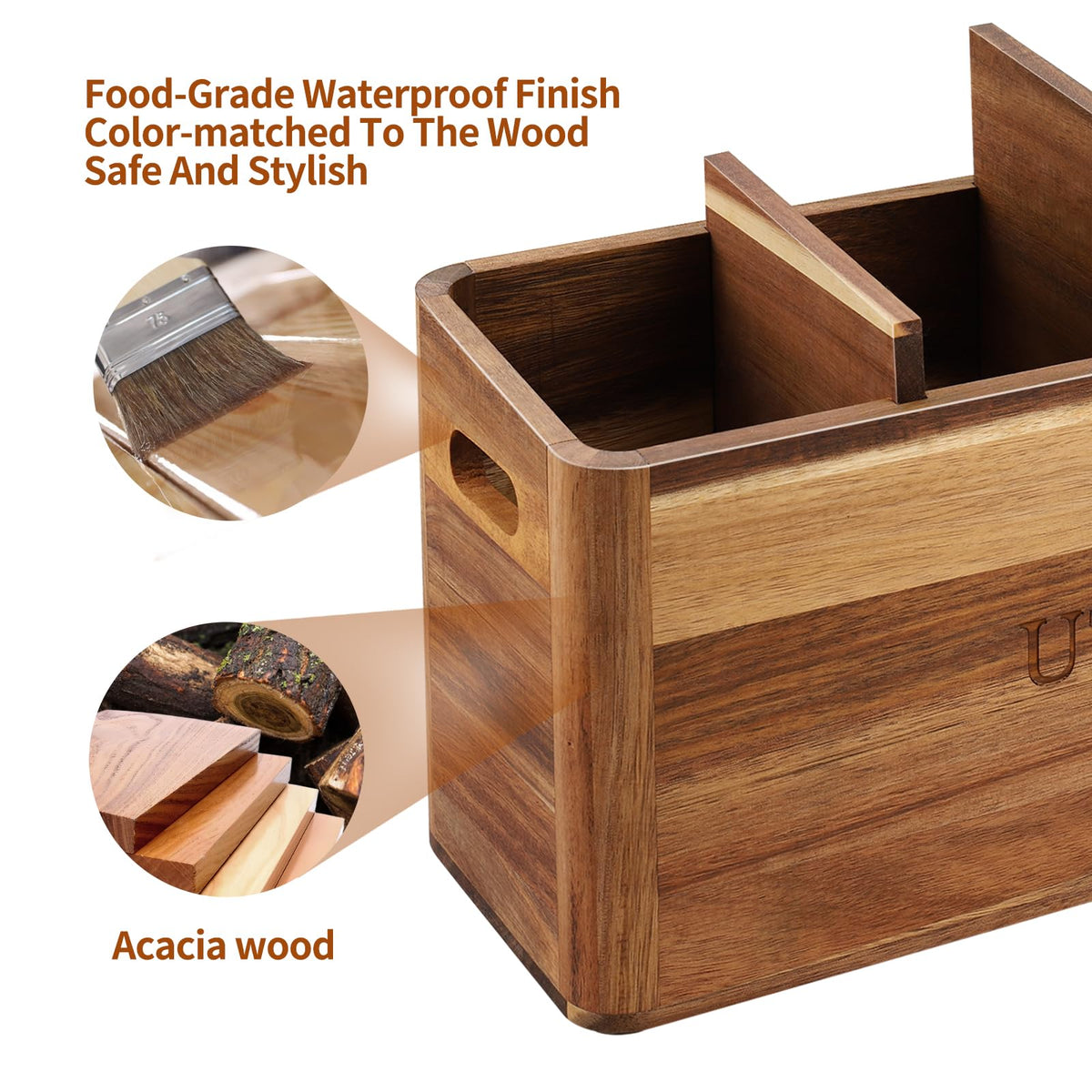 BOTOP Acacia Wood Utensil Holder for Kitchen Counter, 4 Compartment Farmhouse Heavy-Duty Flatware Caddy & Silverware Organizer - Large Kitchen Decor for Spoons, Forks, Parties, Coffee Bar & RV