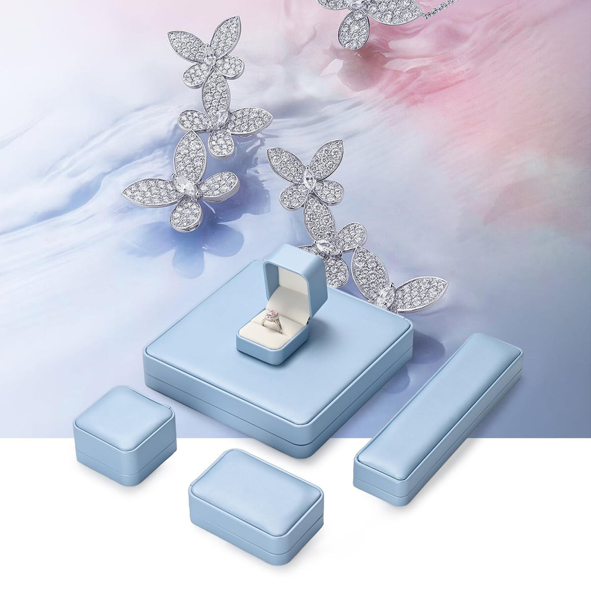 Oirlv Luxury Leather Jewelry Set Box Big Necklace Storage Case Jewelry Gift Box for Bracelet Necklace Earring Ring(Sky Blue)