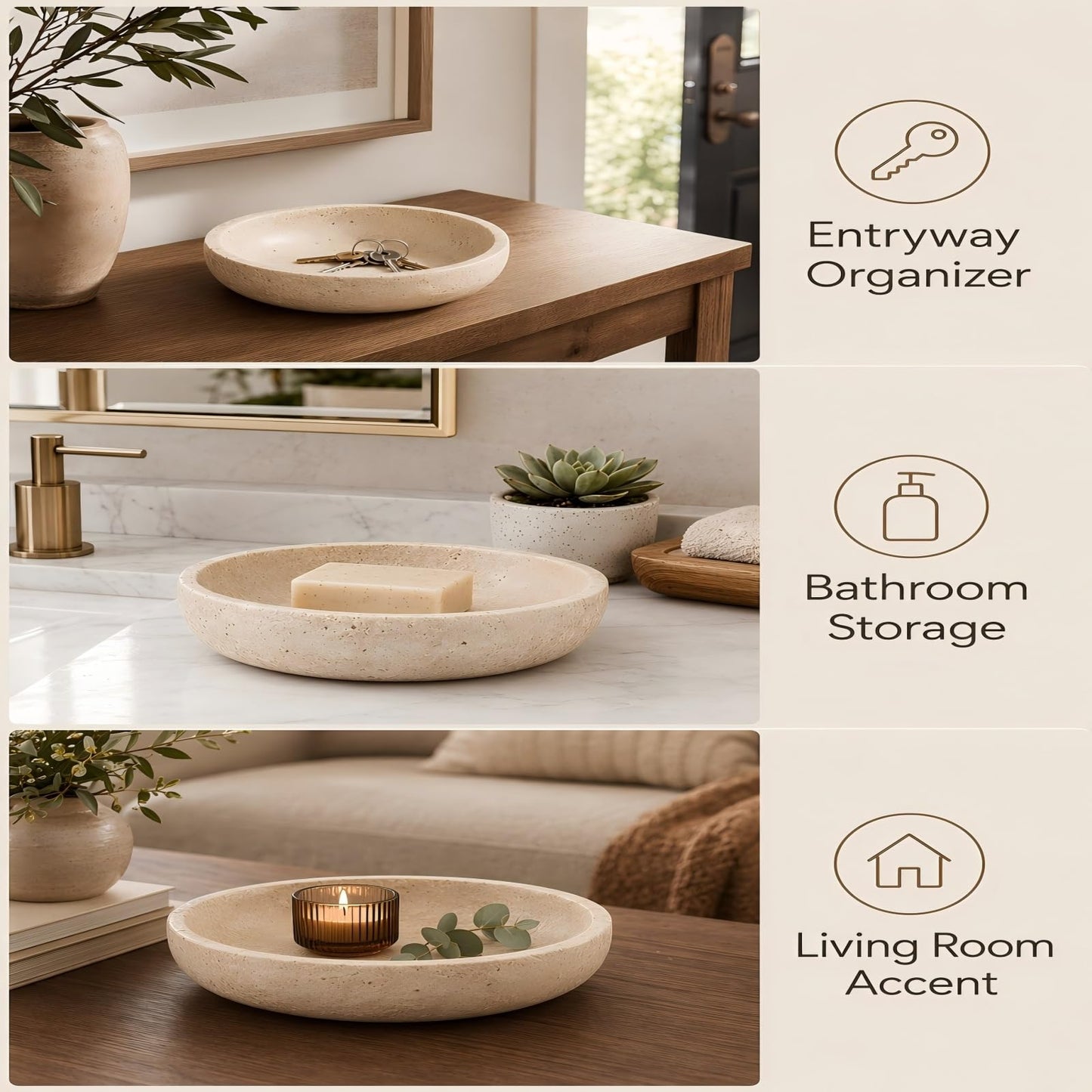 Natural Travertine Decorative Bowl 7.8", Travertine Bowl & Natural Stone Centerpiece for Coffee Table Decor, Ring Tray, For Entryway, Kitchen Fruit Bowl, Potpourri, Dining Table Centerpiece.