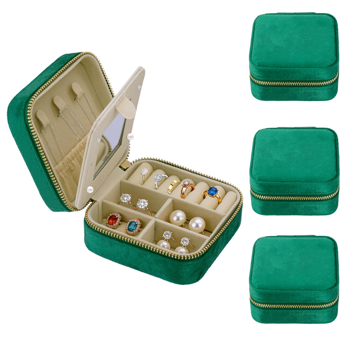 SRYTCYDA 4PC Travel Jewelry Box, 3.93" × 3.93" Portable Small Velvet Jewlery Organizers and Storage with Mirror, Travel Jewellery Case Gift for Women for Stud Earrings, Rings, Necklaces (Dark green)