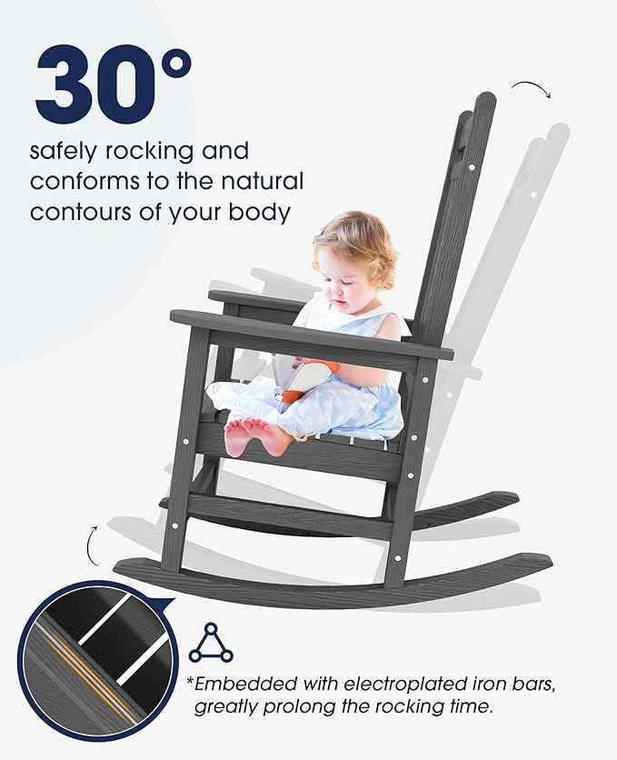 KINGYES Oversized Outdoor Rocking Chair, All-Weather Patio Rocking Chairs for Porch, HDPE Outdoor Patio Rockers with High Back & Wide Seat for Garden, Lawn, Gray