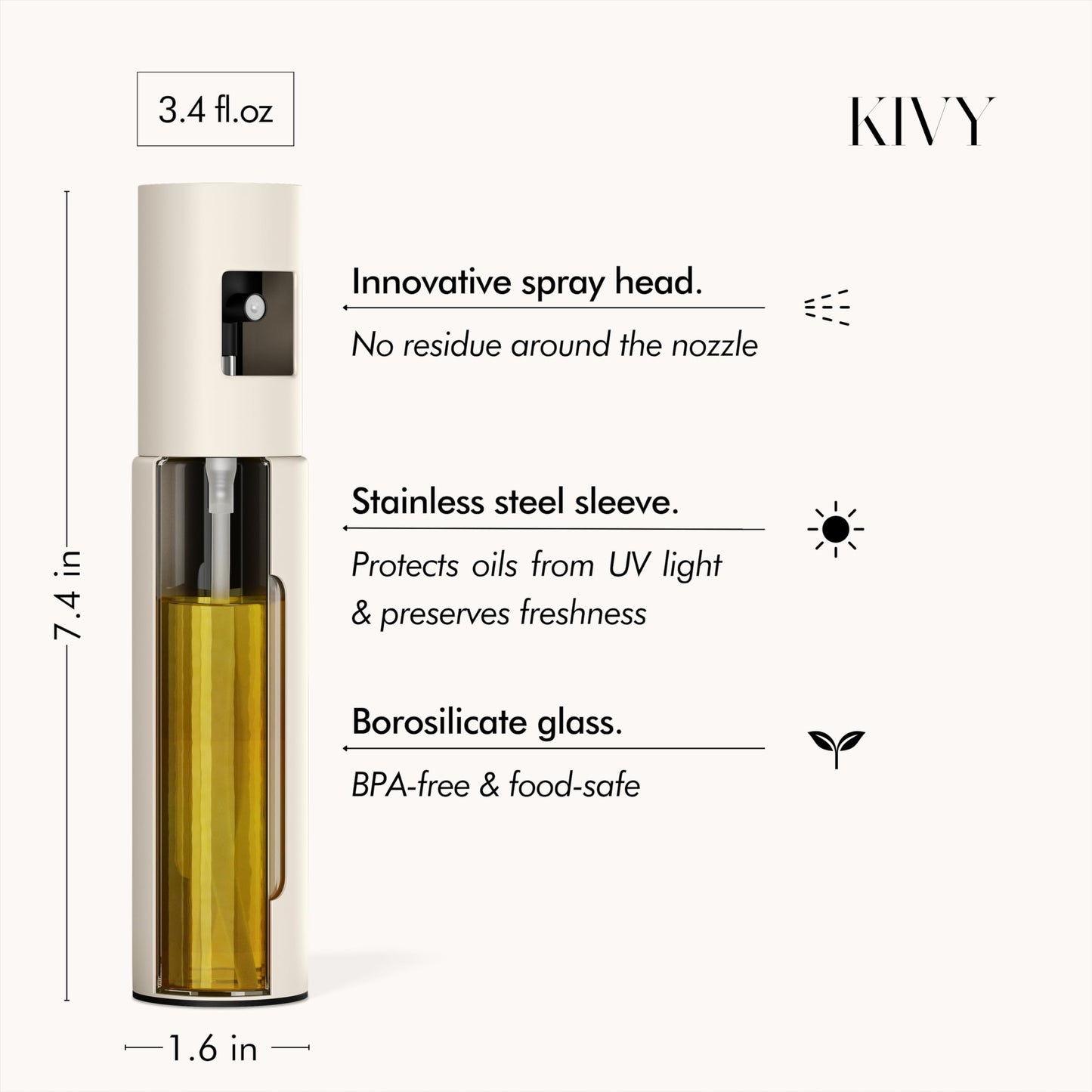 KIVY Glass Oil Sprayer Set of 2 for Cooking, Salads, BBQs & Airfryer – Innovative Spray with Portion Control - Oil Spray Bottle with Stainless Steel Body - Olive Oil Sprayer - Cooking Oil Mister