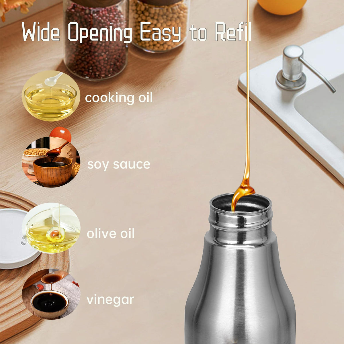 Olive Oil Dispenser Bottle Stainless Steel Leak Proof Olive Oil Decanter for Kitchen (500ML/17Oz)