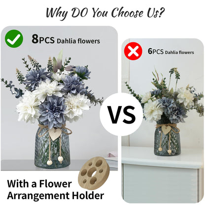 SHINFHOMF Fake Flowers in Vase,8 Dahlias,Silk Artificial Flowers in Vase,Centerpiece Table Decorations,Faux Flowers in Vase with a Flower Arrangement Holder