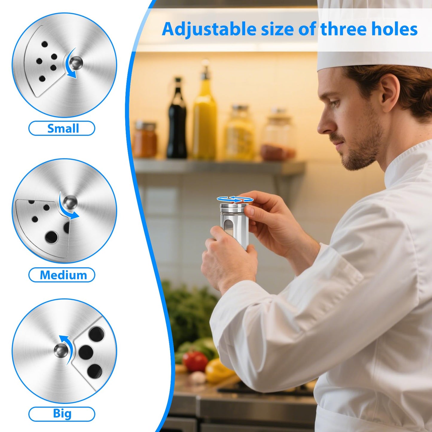 Glass Salt and Pepper Shaker Set with Seasoning Rack, Spice Rack, Adjustable Pour Hole Stainless Steel Lid, 2.8 oz, Spice Dispenser for Salt, Pepper, Spice Preservation (silver)