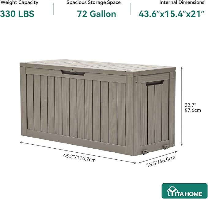 YITAHOME 72 Gallon Outdoor Resin Deck Box with Wheels, Pool Storage Box for Outdoor Cushions, Sports Equipment, Garden Tools, Light Brown