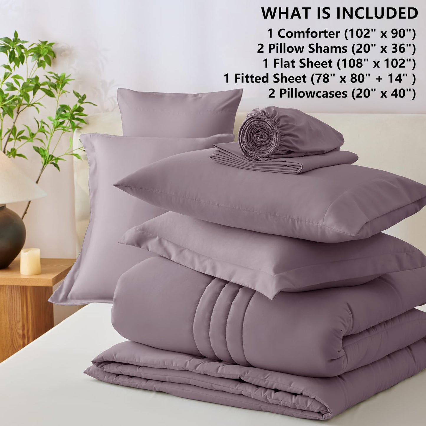 CozyLux King Size Comforter Set Dusty Purple - 7 Pieces Bed in a Bag, Modern Vertical Quilted Room Decor, Soft All-Season Bedding Gift with Comforter, Sheets, Pillowcases & Shams