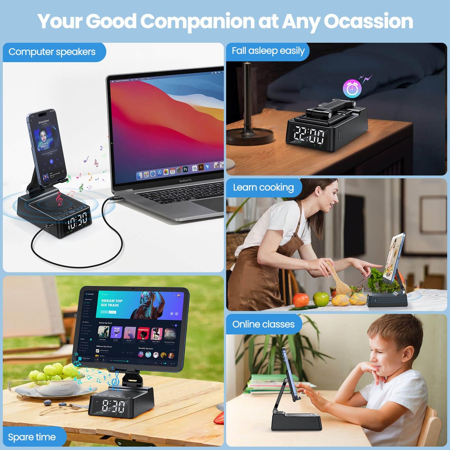 Birthday Gift for Women Men Dad Mom, Cell Phone Stand with Wireless Bluetooth Speaker and Alarm Clock, Adjustable Cellphone Holder for Office Home, HD Stereo Subwoofer Sound Fit for All Phones Tablets