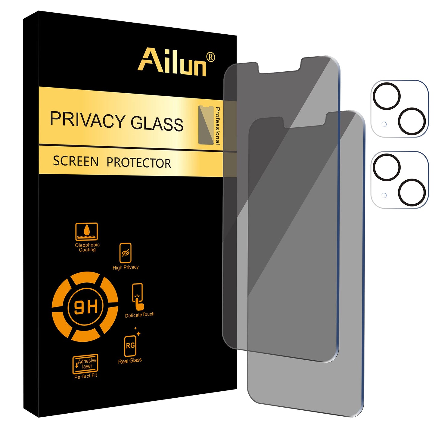 Ailun 2Pack Privacy Screen Protector Compatible for iPhone 14 Pro Max [6.7 inch] + 2 Pack Camera Lens Protector, Anti Spy Private Tempered Glass Film, Case Friendly, [9H Hardness] - HD