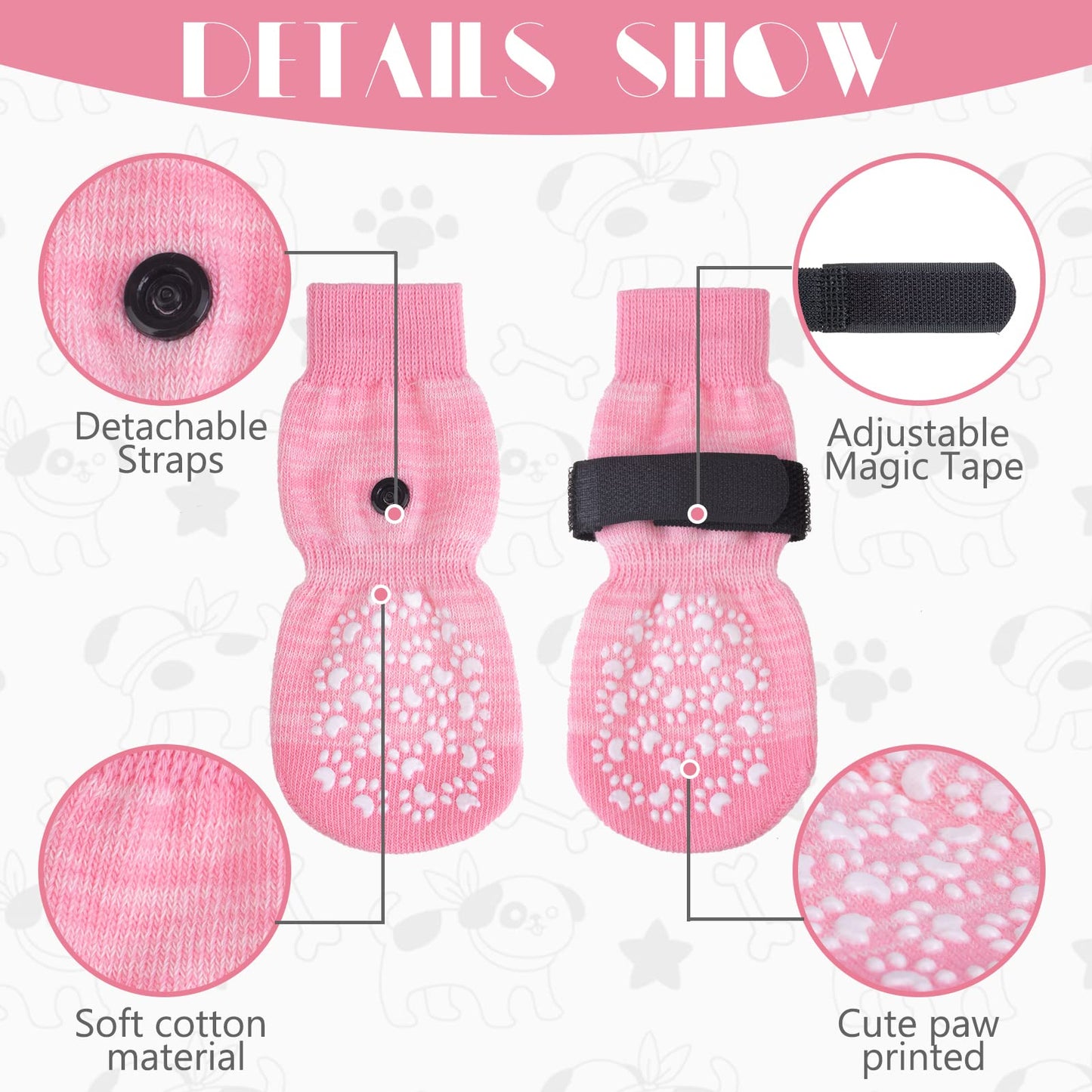EXPAWLORER Dog Socks with Grips - Double Sides Anti-slip Dog Gripper Socks for Hardwood Floors, Stop Licking Injured Paws, Adjustable Socks with Extra Traction for Small Medium Large Dogs (Pink, M)