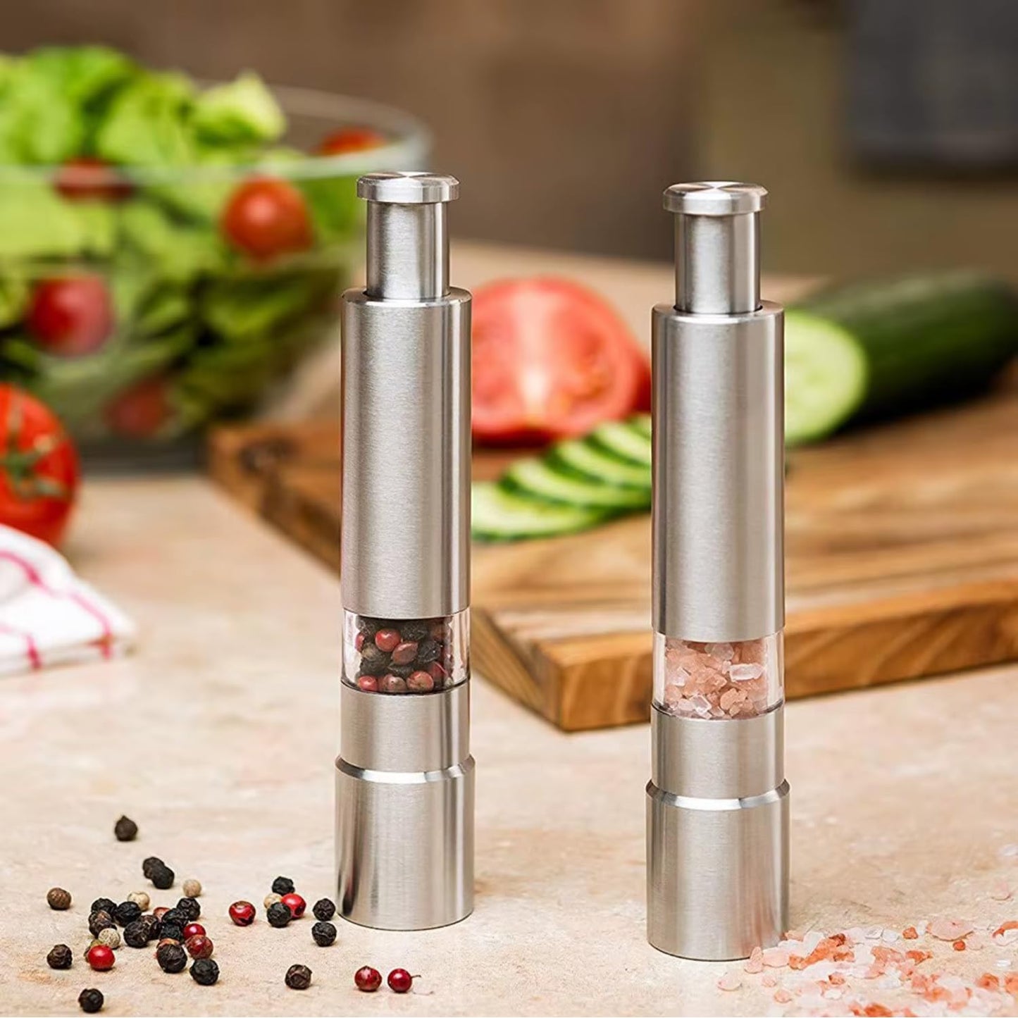 Salt and Pepper Grinder Set Manual Stainless Steel, Refillable Pepper Grinder and Salt Grinder with Acrylic Base, Salt & Pepper Mill Set