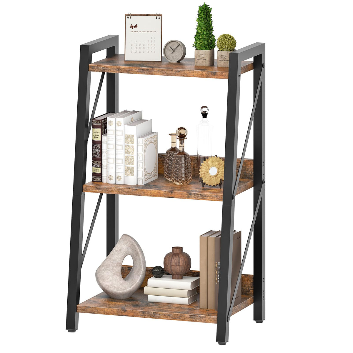 HOOBRO Ladder Shelf, 3-Tier Bookshelf, Corner Bookcase, Small Bookshelf with Metal Frame, for Living Room, Bedroom, Home Office, Kitchen, Rustic Brown and Black BF303CJ01
