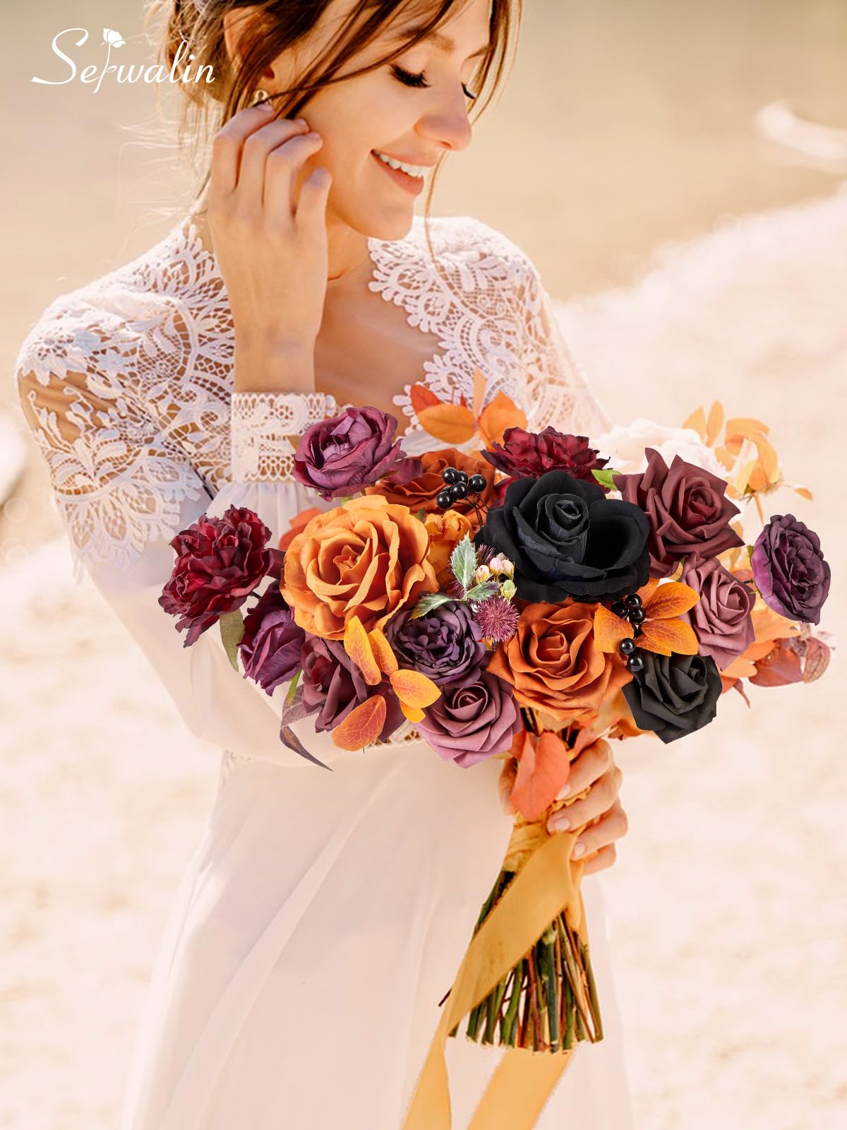 Serwalin Fall Aritificial Flowers Orange Silk Flowers Purple Black Roses Fake Flowers for DIY Centerpieces Boutonnieres Cake Fall Floral Home Decoration