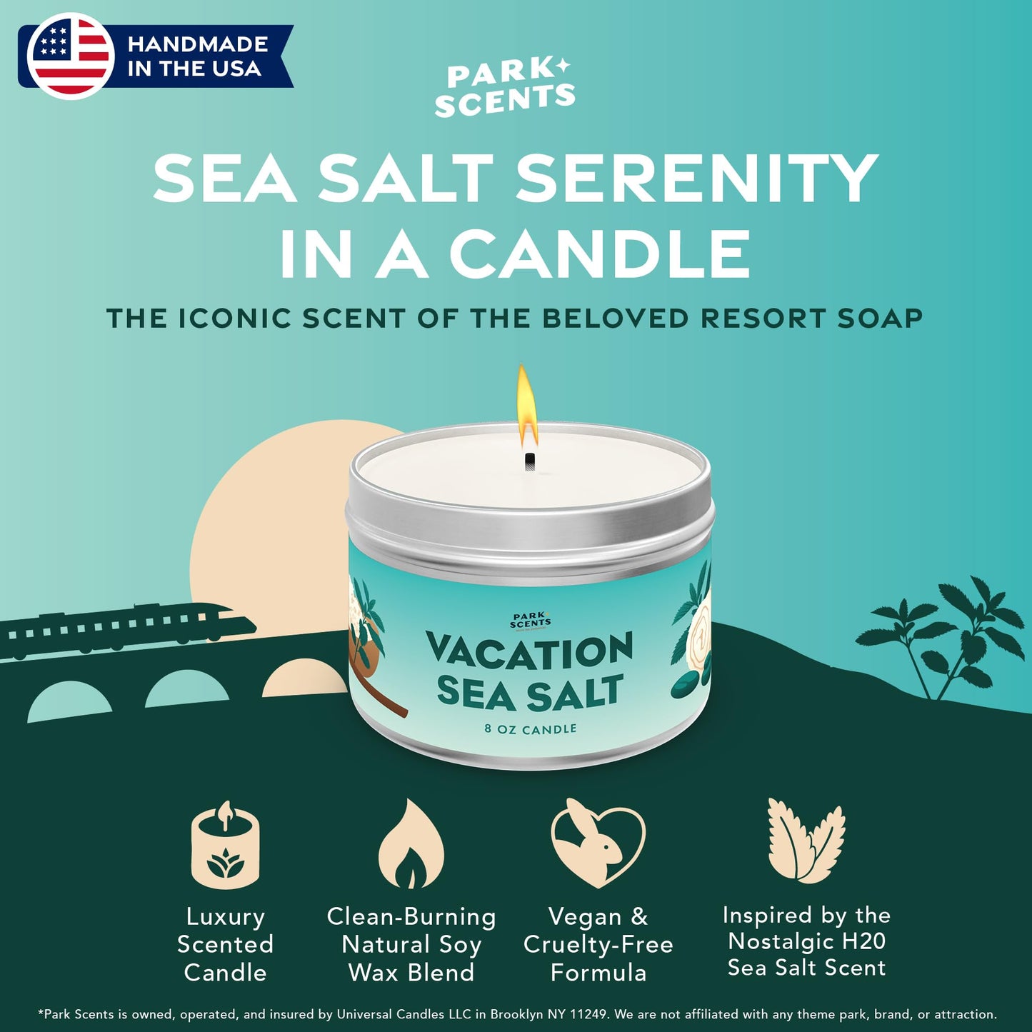 Park Scents Vacation Sea Salt – Theme Park Luxury Hotel Candle – Peppermint Eucalyptus Musk Scent – Vegan Soy Wax Blend Handmade in USA – Gifts for Women, Hostess, Sister, Birthday