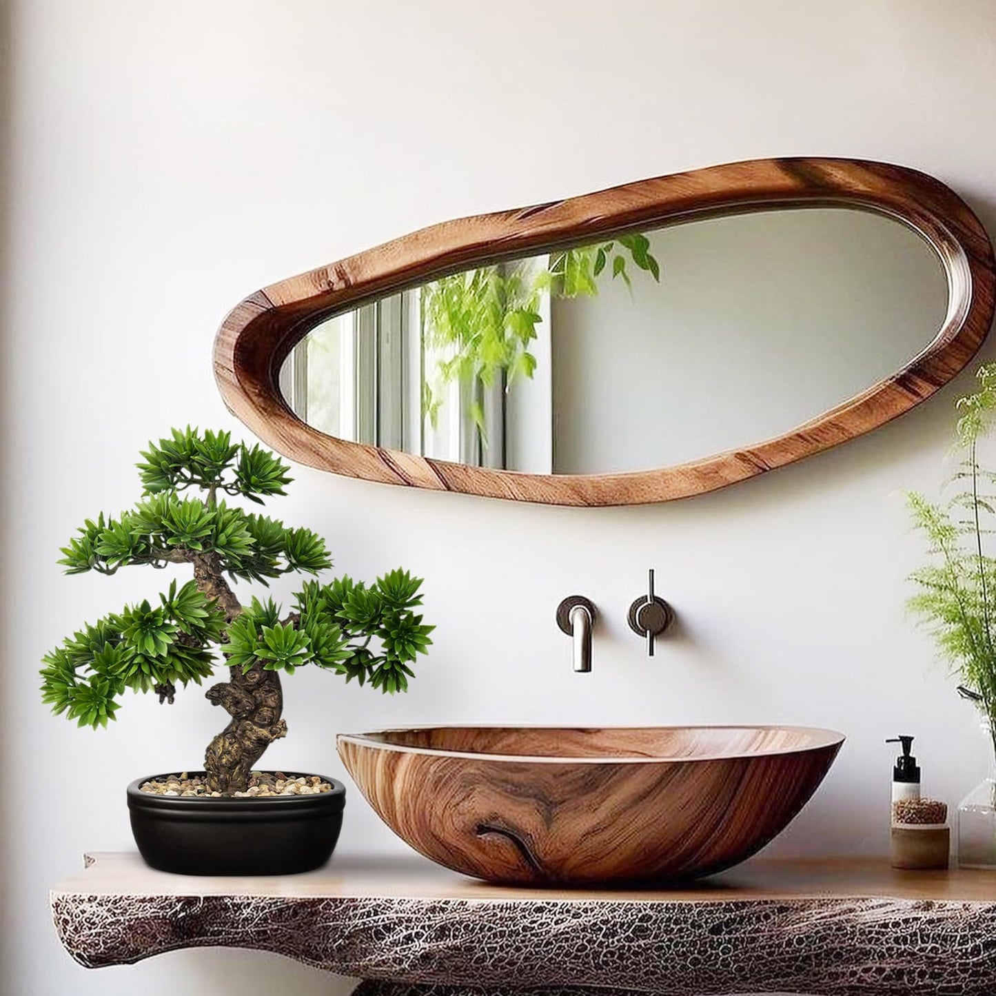 Fake Bonsai Tree Small Bonsai Plant 15.7” Tall Artificial Bonsai Trees with Black Pot Decorated with Pebbles Desk Plant Indoor Bonsai for Home Office Decor