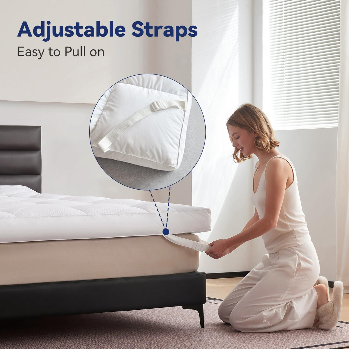 LeWinBedding Dual Layer 5 Inch Goose Feather Mattress Topper Full Size, 4 Inch Goose Feather Plus 1 Inch Down Alternative Pillow Top, Medium Firm Featherbed with Adjustable Straps(54"x75", Wavy)