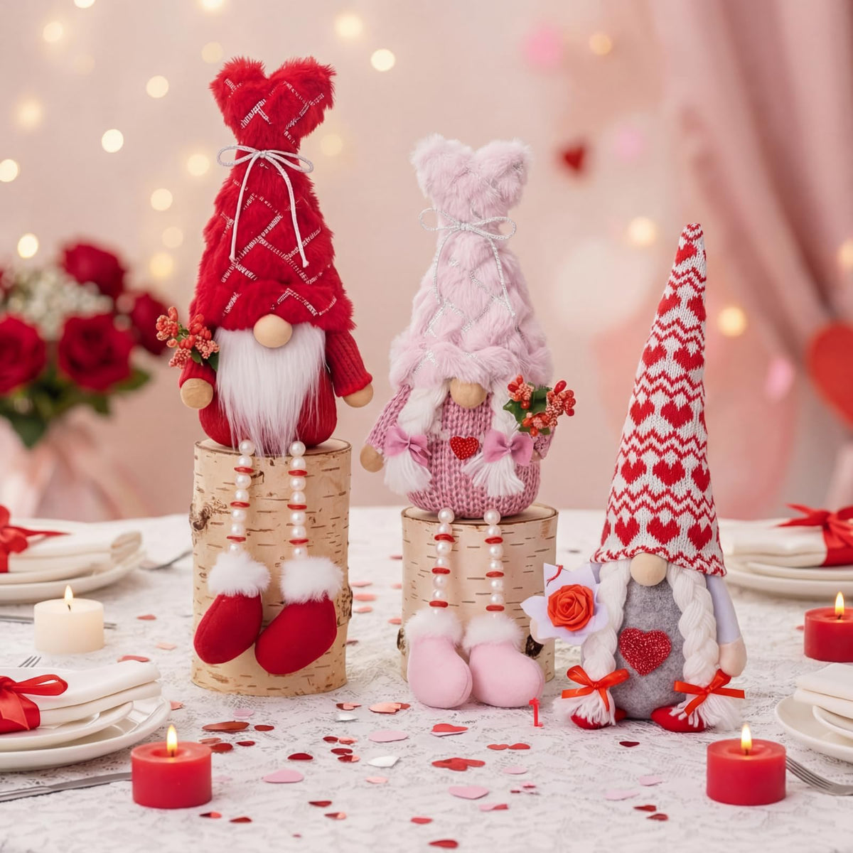 Sumind 3 Pcs Valentines Day Gnome Decorations Valentines Red Gnome Plush Gifts with Long Legs Pink Red Table Sitting Decorations Romantic Gift for Her Him Home Office Decoration