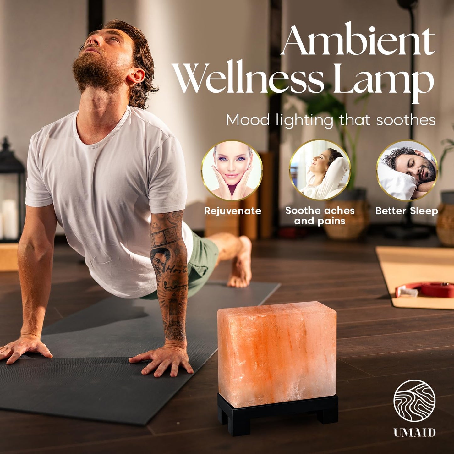 UMAID Himalayan Salt Lamp Rectangle, Natural Pink Rock Salt Lamp on Modern Wood Base with Night Light Bulb and Dimmable Cord, Spa Decor, Salt Massage Stones Ambiance, Meditation Accessories Decor Gift