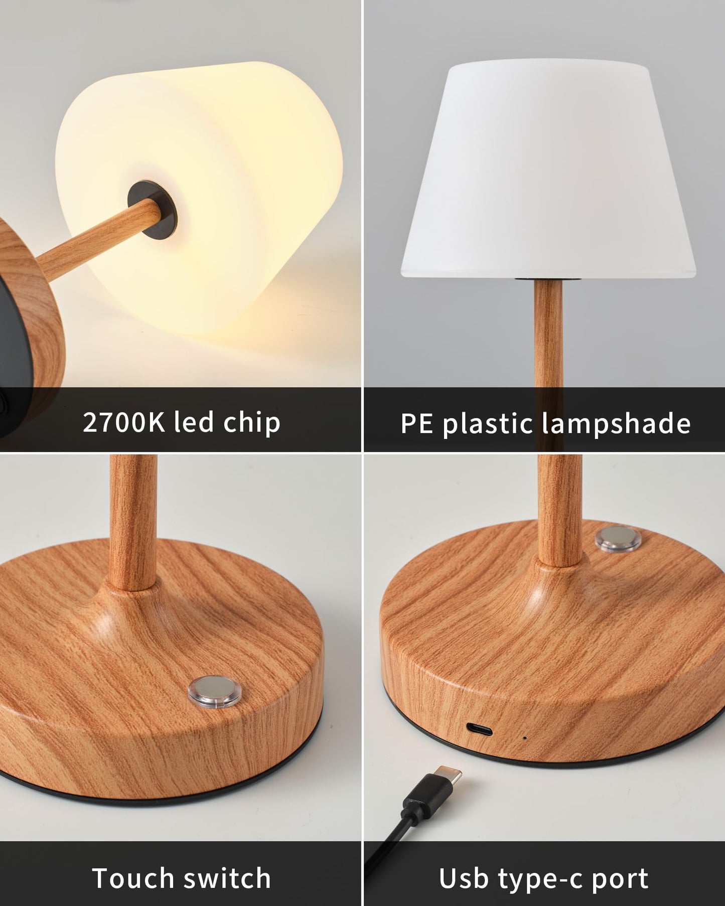 PUSU Cordless LED Wood-Grain Small Table Lamp, Waterproof Shower Light with 4000mAh Battery, Portable Rechargeable Touch Dimming Night Light for Bathroom, Outdoor Camping, Kitchen, Patio, Restaurant