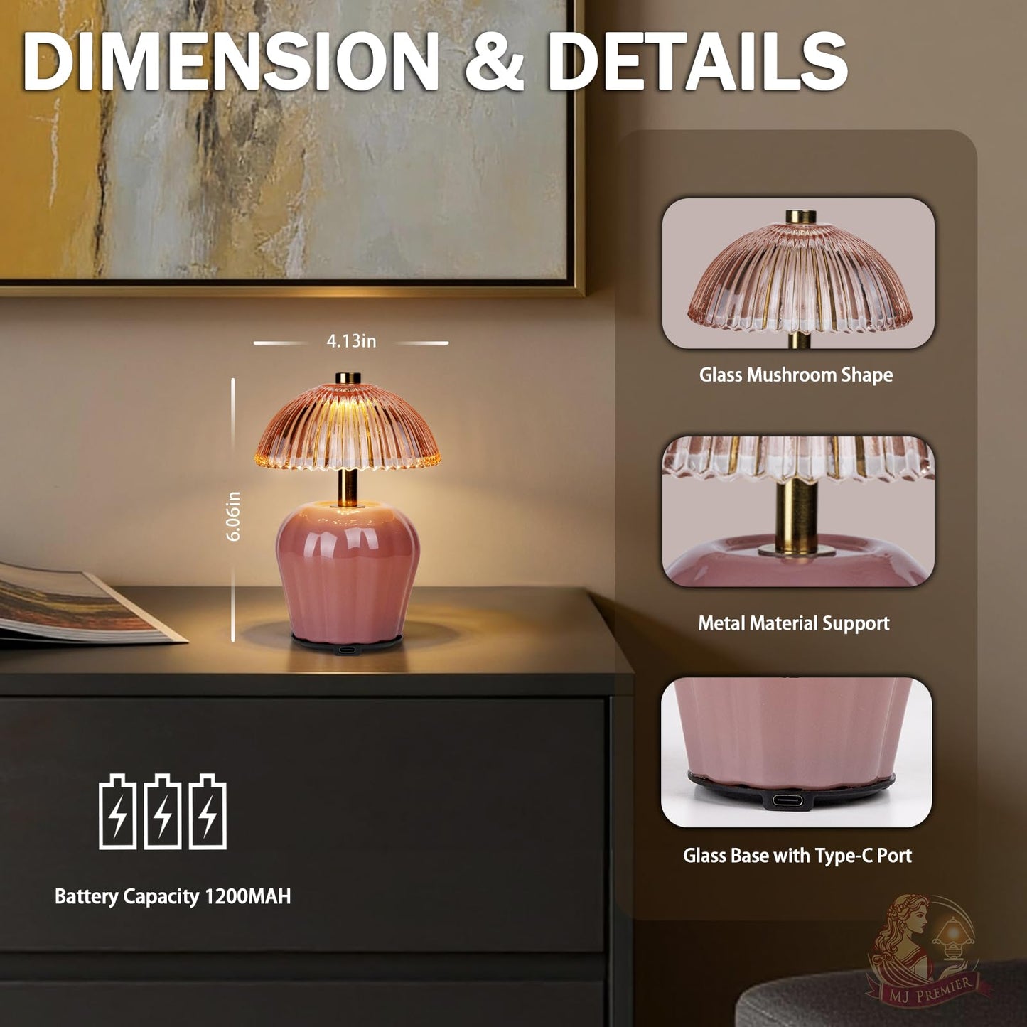 MJ PREMIER Rechargeable Table Lamp, Cordless Lamp with Timer, Mini Glass Mushroom Lampshade, Small Table Lamps, Decorative Led Light for Bedroom Living Room Shelf (Pink)