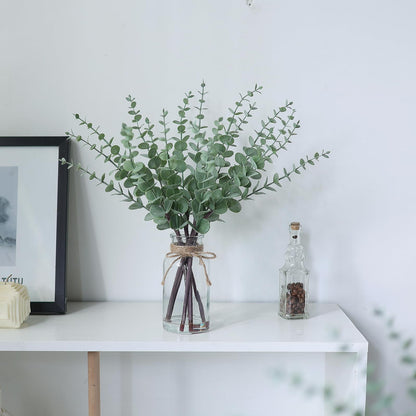 VIERENA 17.5" Artificial Eucalyptus Stems in Glass Vase with Faux Water,Fake Plant Eucalyptus Leaves White Seeds for Centerpiece Table Decorations Farmhouse Wedding Home Greenery Decor (Sage Green)