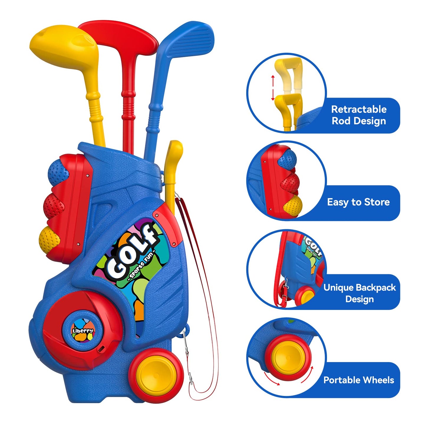 Liberry Toddler Golf Set with Putting Mat for 2 3 4 Years Old Boys Girls, Upgraded Kids Golf Cart with Unique Shoulder Strap Design, Indoor and Outdoor Golf Toys Gifts