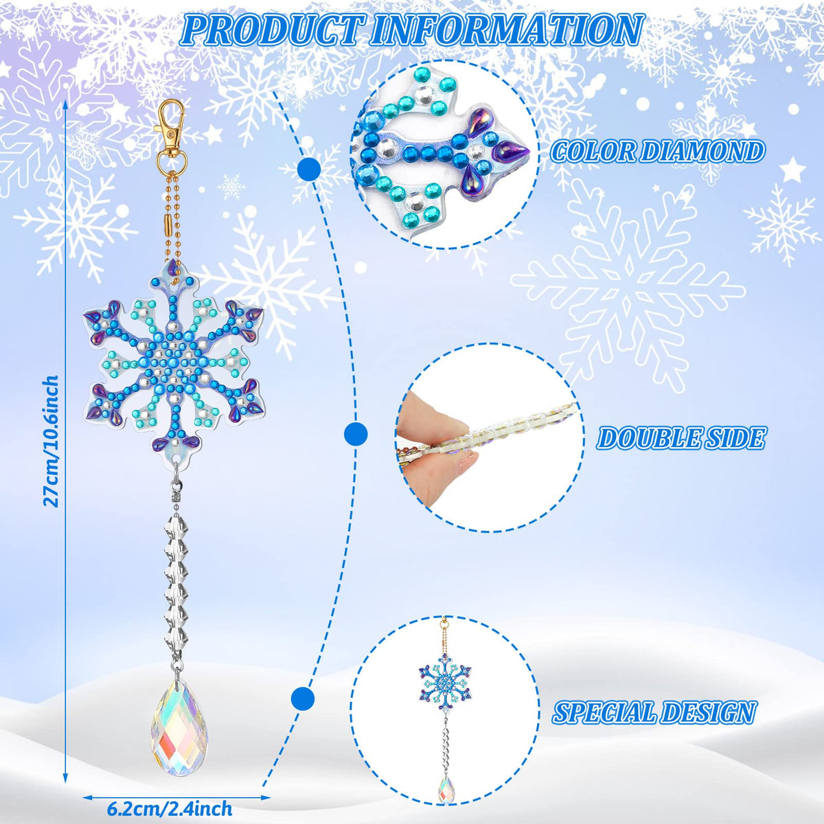 Perthlin 6 Pcs Christmas Snowflake Diamond Art Kits Double Sided Winter Diamond Wind Chimes Art for Window Christmas Tree Decoration Snowflake Suncatchers for DIY Crafts Wonderland Decoration