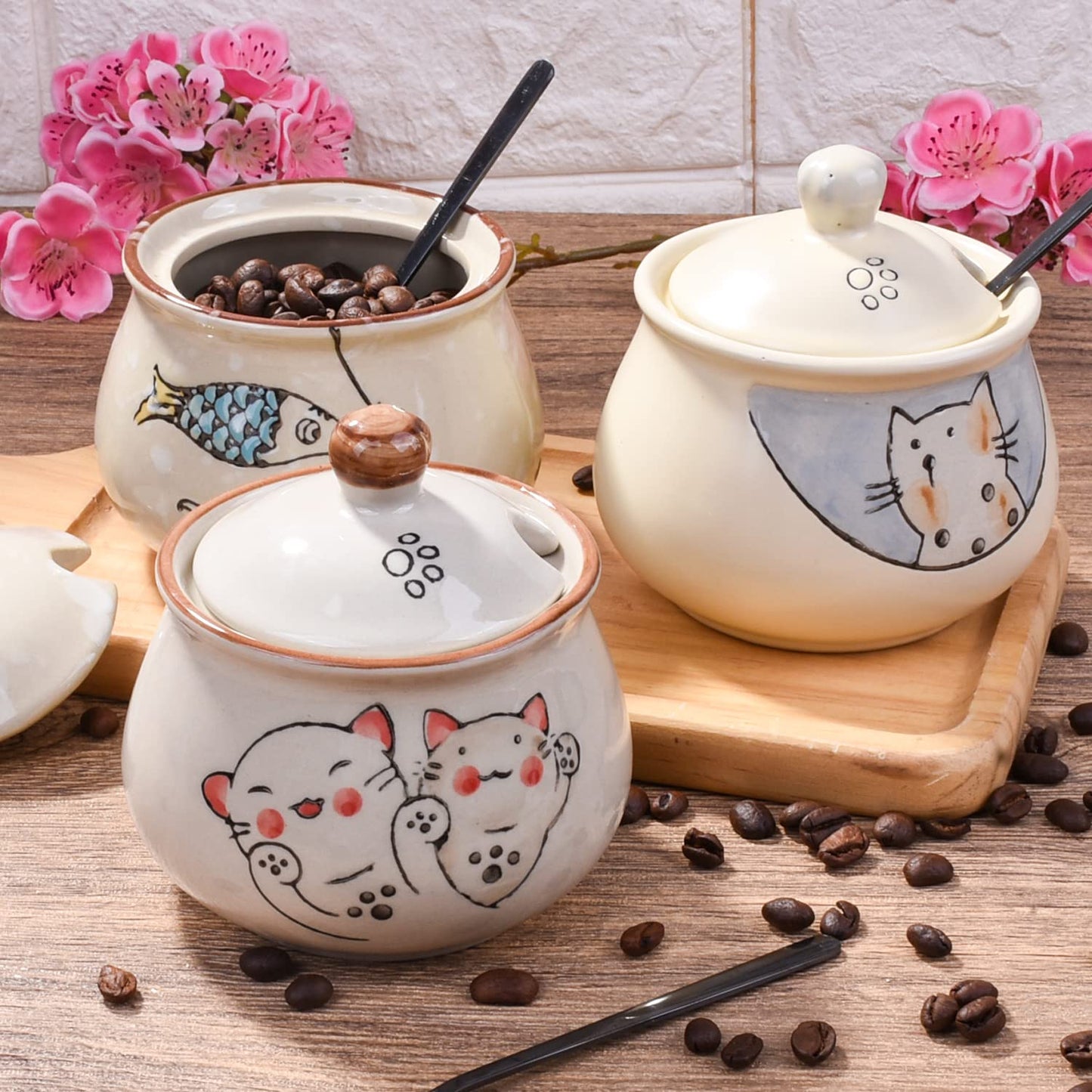 LMRLCS Ceramic Sugar Bowl with Lid and Spoon, Japanese Sugar Bowl with Spoon and Lid (Style 2)