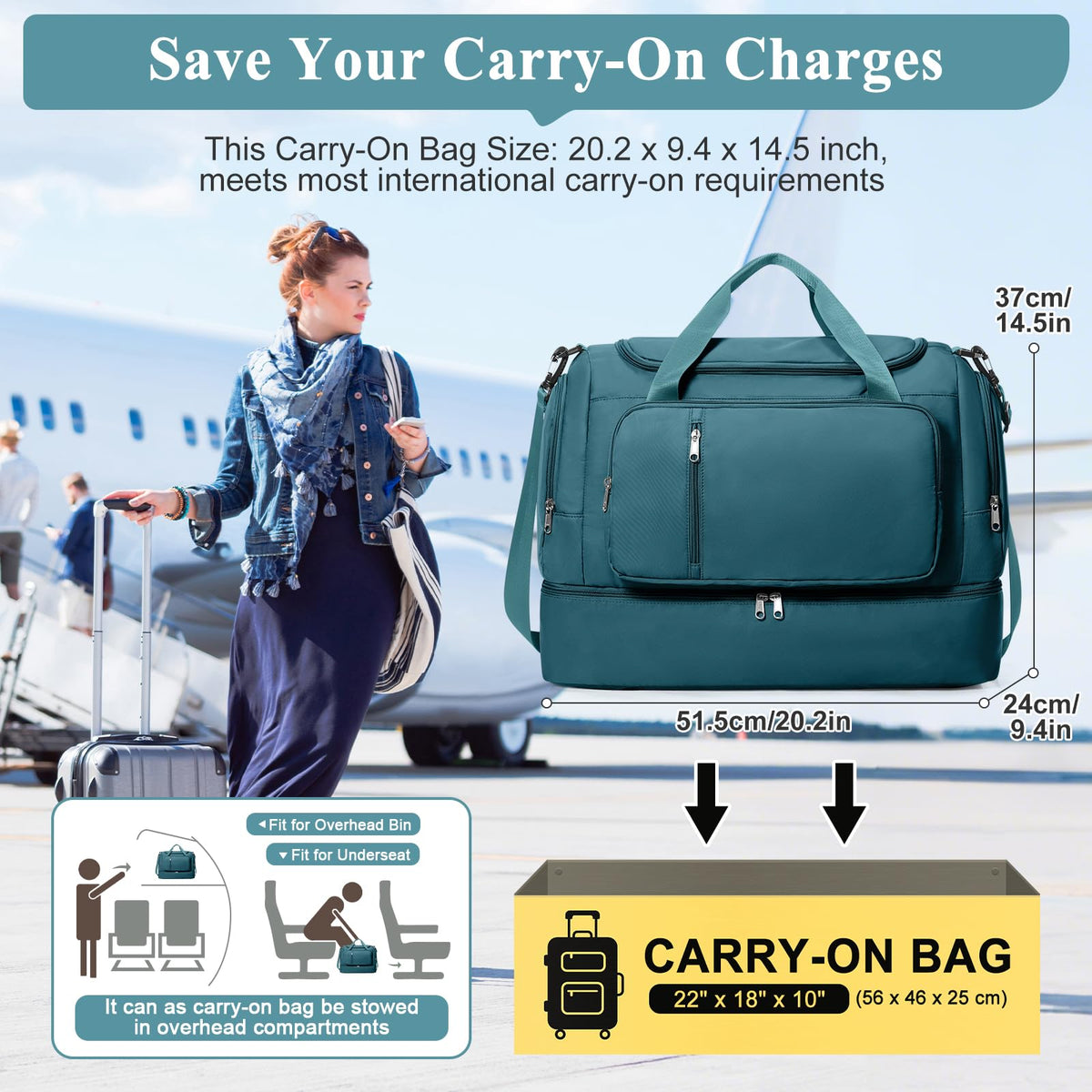 Travel Duffle Bag, Weekender Bags for Women,Carry On Overnight Personal Item Travel Bag with Shoes Compartment,Peacock Blue