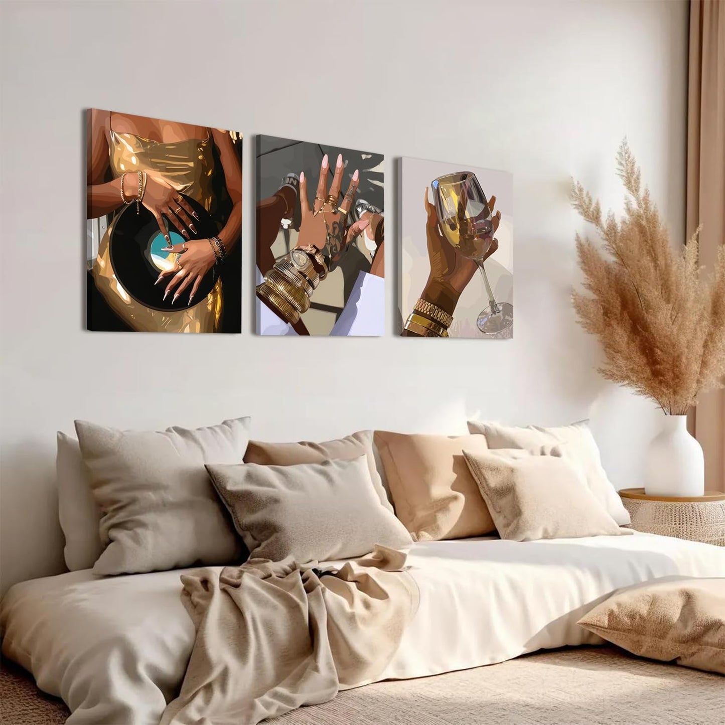 Black Girl wall Art Set of 3, African American Woman Wall Decor Fashion Gold People Music Poster Canvas Prints Paintings Pictures for Bedroom Living Room Decoration 12x16 inch Framed