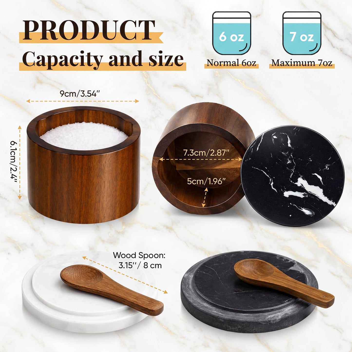Singhoow 2 Pcs Acacia Wood Salt Cellar with Marble Lid Salt and Pepper with Spoon Natural Acacia Spice Container Decorative White Black Marble Cover for Kitchen Counter