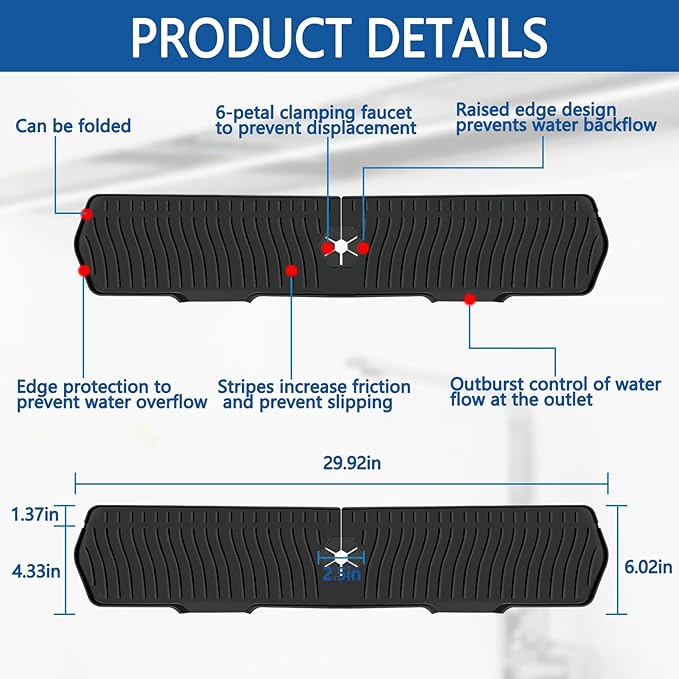 Kitchen Sink Splash Guard Gen2-30" x 6'' Silicone Sink Mat Splash Guard fit