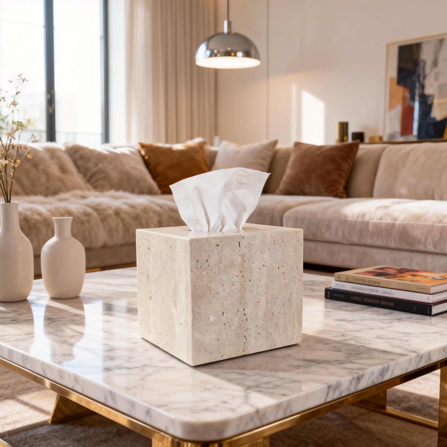 Jusmioke Natural Travertine Marble Tissue Box Cover, Stone Square Pumping Paper, Roll Toilet Paper Holder for Living Room, Bathroom, Kitchen and Home Decor