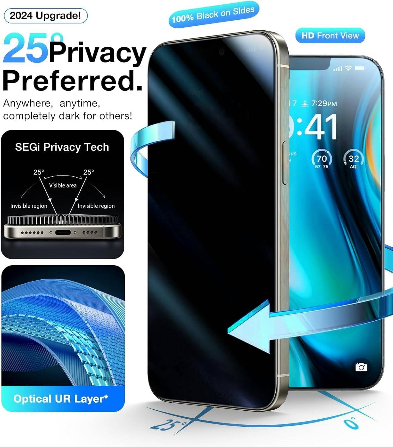 UltraGlass 9H+ Glass for iPhone 15 Pro Max Privacy Screen Protector [Invisible Privacy Armor] Screen Protector 15 Pro Max Tempered [Full Coverage & Longest Durable] 15 ProMax, 2 Pack