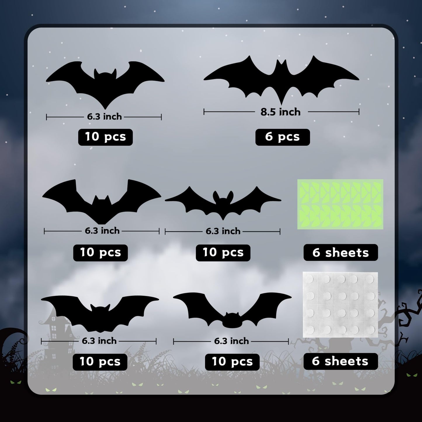 Halloween Decorations - 56 Pcs Spooky 3D Bats With Glow Eyes for Indoor Outdoor Party Decor - Plastic Scary Gothic Stickers for Bathroom Kitchen Home Room Wall