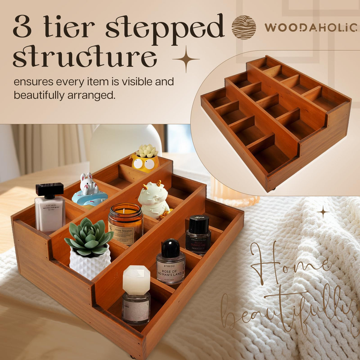 Woodaholic Wood 3-Tier Riser Stand Display Organizer – Versatile Tiered Desktop Shelf for Collectibles, Plants, Candles or Stationery – Stackable & Freestanding Wooden Storage Rack for Home or Office