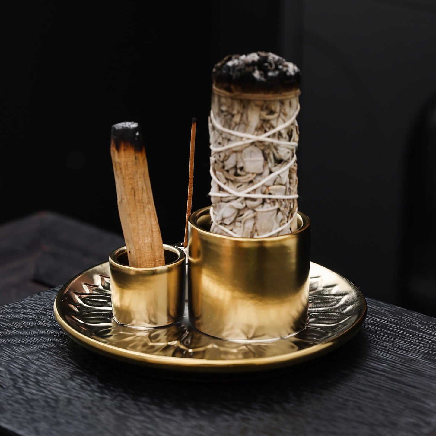 4 in 1 Incense Burner Holder with Ash Catcher, Gold-Plated Ceramic Tray for Burning Incense Sticks, White Sage, Palo Santo, Candle