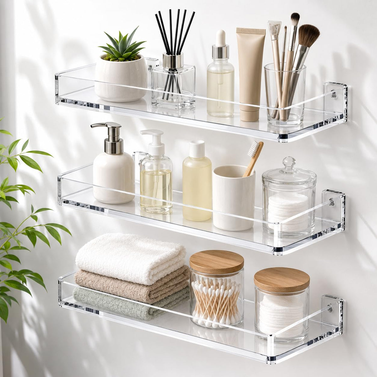 MaxGear Acrylic Clear Floating Shelves with Edge, Wall Mounted Hanging Bookshelves, Decorative Display Wall Shelves Storage Organizer for Bathroom, Bedroom, Kitchen, Easy Installation, Set of 3