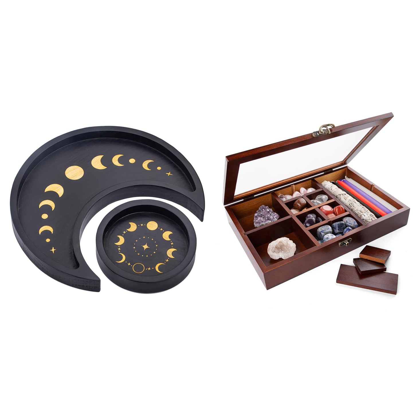 Crescent Moon Tray Crystal Holder Set, Adjustable Rock Display Case, Rock Collection Box with Shelves, Wood Crystal Organizer for Stones Storage,Gem Holder with Lid for Seashell