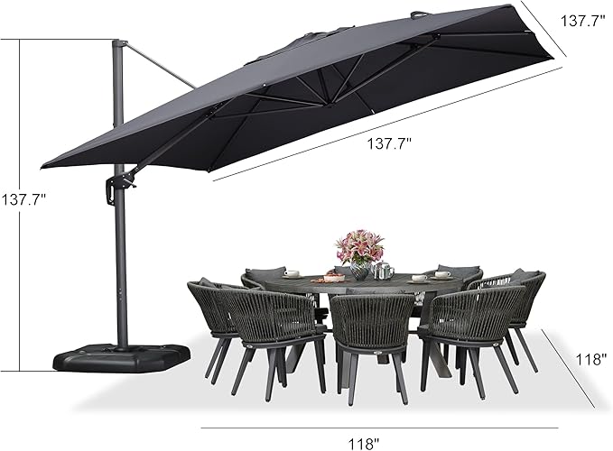 PURPLE LEAF 11.5' X 11.5' Telescopic Patio Umbrella with Base Included Lifting Cantilever Offset Square Large Umbrella for Pool Outdoor Patio Deck Garden Grey