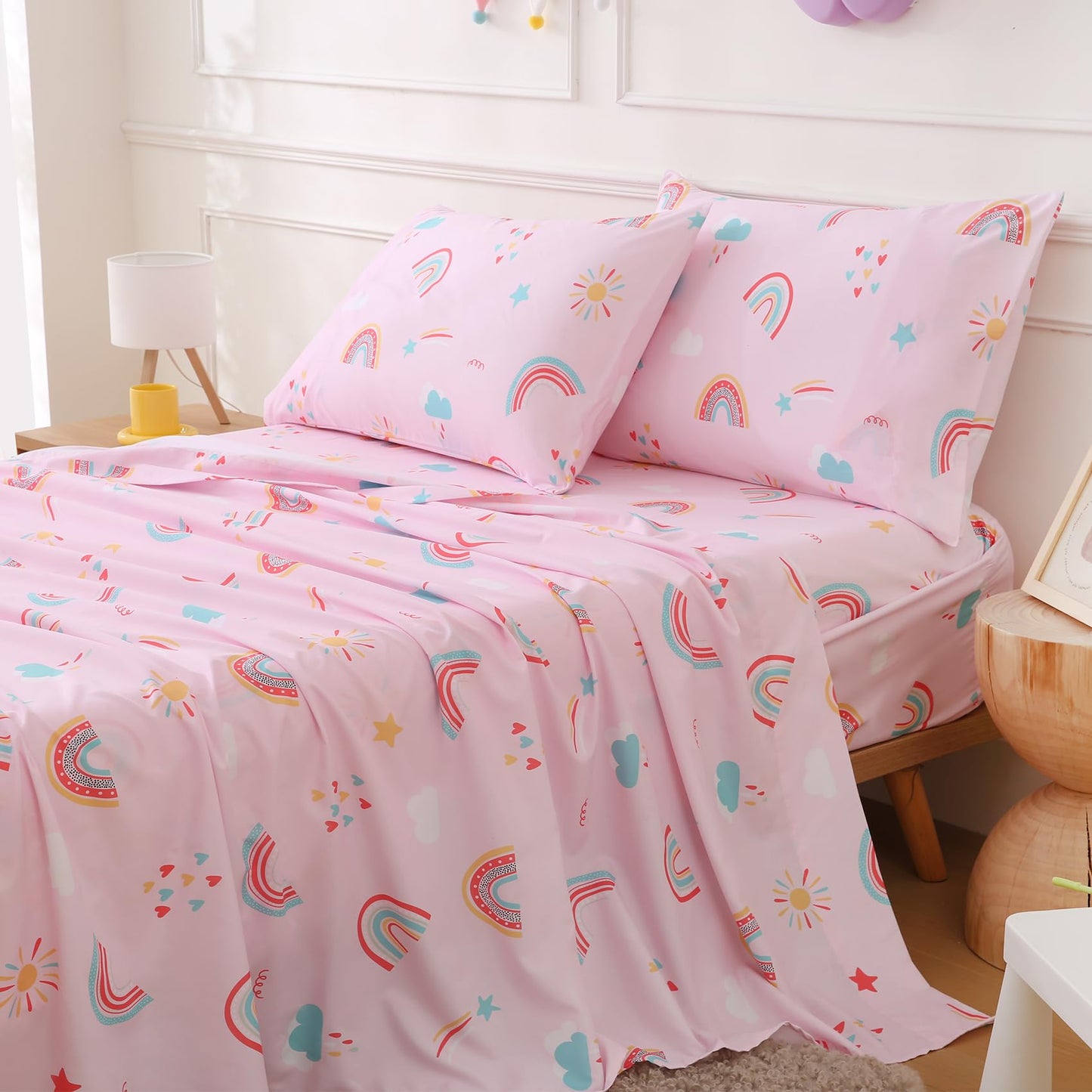 CIMVI Girls Twin Sheet Set Rainbow - 3 Piece Bed Sheet for Kids with Pillowcase 15-Inch Deep Pocket Fitted Sheet Soft Breathable Microfiber Bedding Sheets Fade Resistant Children Room Decor